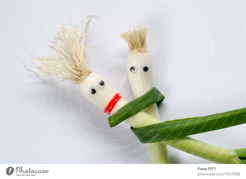Shallots with glued on googly eyes represents a couple embracing each other Vegetable Onion To hold on Embrace Safety (feeling of) Together Colour photo Trust