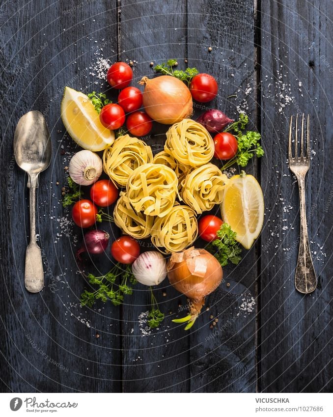 Pasta tagliatelle with vegetables and cutlery Food Vegetable Dough Baked goods Herbs and spices Nutrition Lunch Banquet Organic produce Vegetarian diet Diet