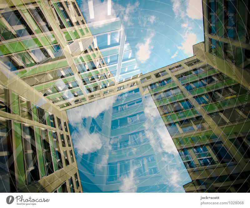 Window to the courtyard Clouds Office building Facade Backyard Sharp-edged Large Modern Innovative Inspiration Complex Perspective Irritation Double exposure