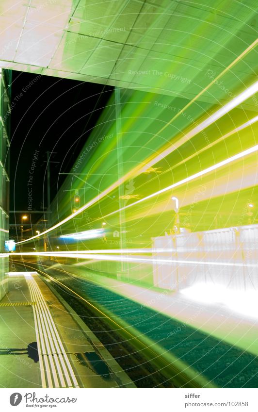 Ghost train Railroad Railroad tracks Speed Time Light Long exposure Green Yellow White Bern-Solothurn regional transport Dangerous Driving Train station Tunnel