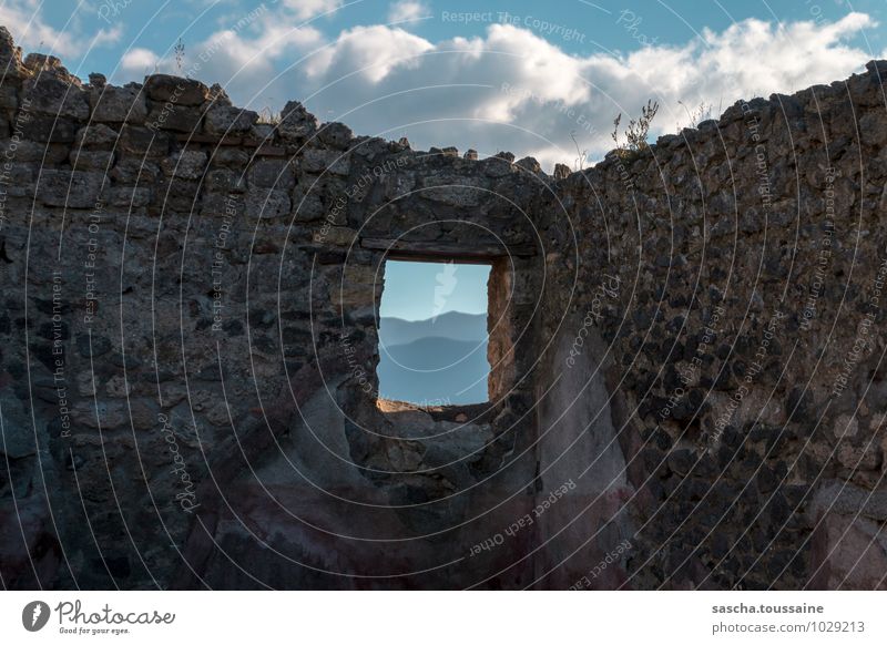 Picturesque view from Pompeii Architecture Culture Sky Clouds Hill Italy Europe Town Deserted Ruin Building Wall (barrier) Wall (building) Window
