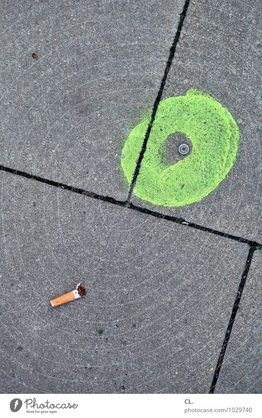 look down Smoking Street Lanes & trails Cigarette Cigarette Butt Ground Line Circle Signs and labeling Gray Green Colour photo Exterior shot Deserted Day