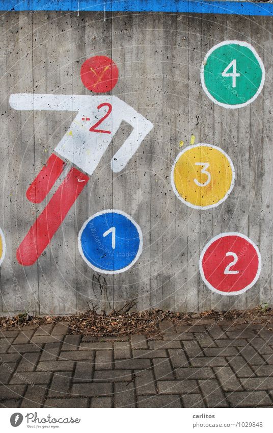 Football by numbers Wall (building) Graffiti Digits and numbers 1 2 3 4 Shoot Playing Red Blue Green Yellow White Concrete