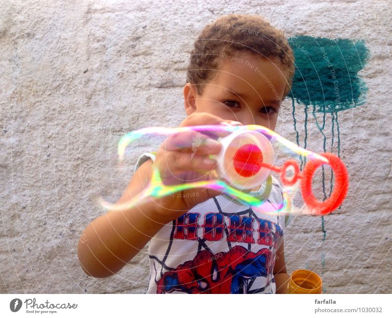 BubbleBoy Human being Masculine Child Boy (child) Infancy Life Body Face Eyes Arm Hand 1 3 - 8 years Sunlight Summer Beautiful weather Wall (barrier)