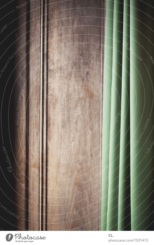 curtain Living or residing Interior design Decoration Drape Cloth Wrinkles Folds Wooden wall Brown Green Colour photo Interior shot Abstract Deserted Day