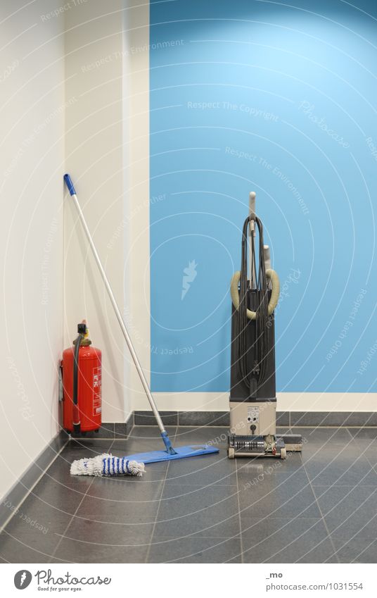 Curtain Up Workplace Vacuum cleaner Feather duster Extinguisher Blue Orderliness Cleanliness Purity Cleaning Colour photo Interior shot Deserted
