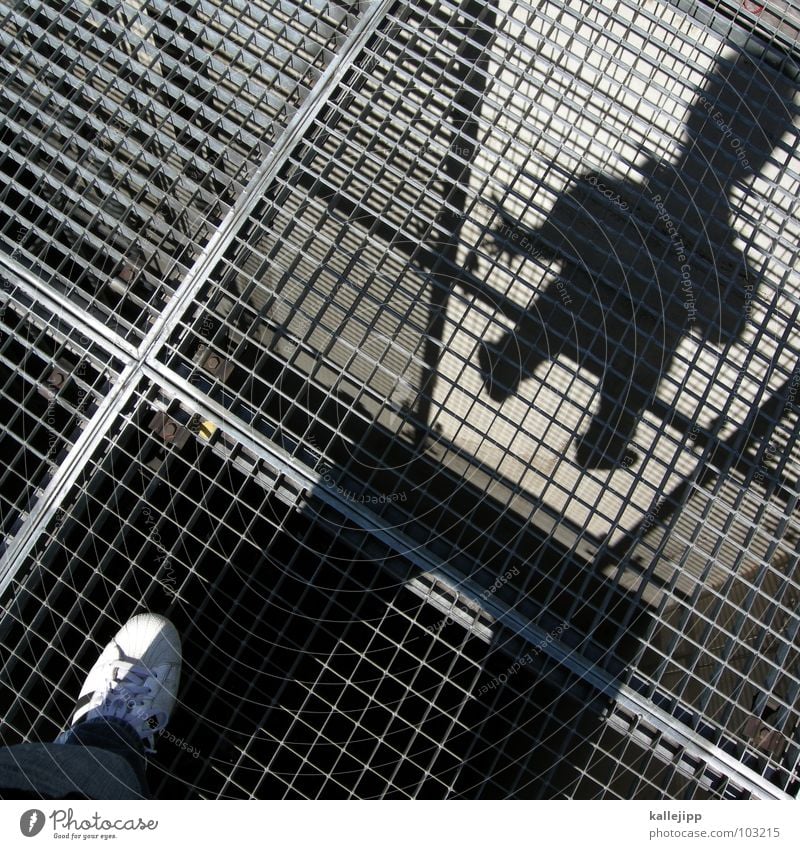 Rasterman Grating Gully Shaft Jail sentence Thief Felon Alcatraz Hover Footwear Sneakers Man Square Grid Manhunt Silhouette Self portrait Human being Rust