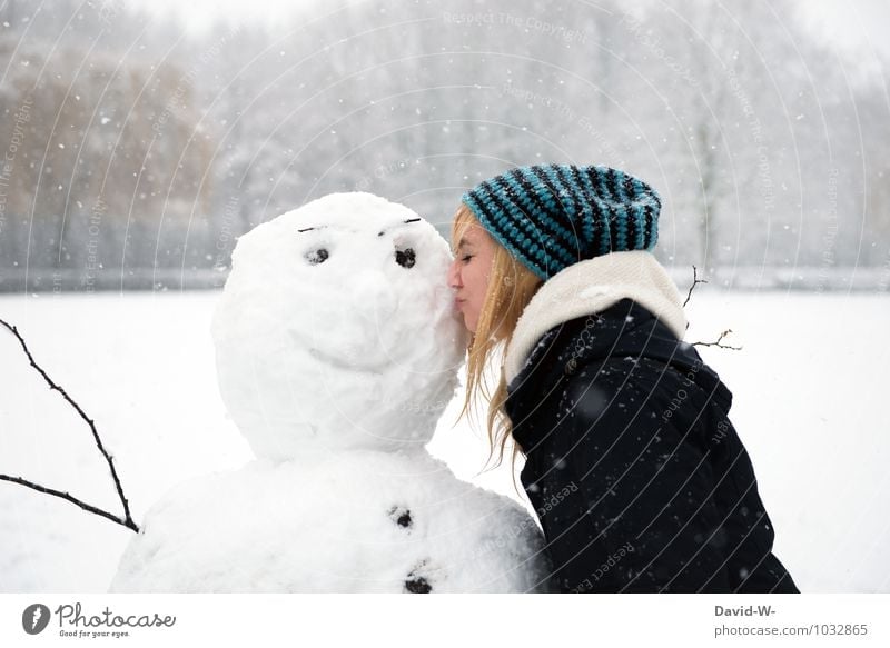 Winter snowman Snowman Love kiss winter Woman Season Joy Seasons Smiling Happiness
