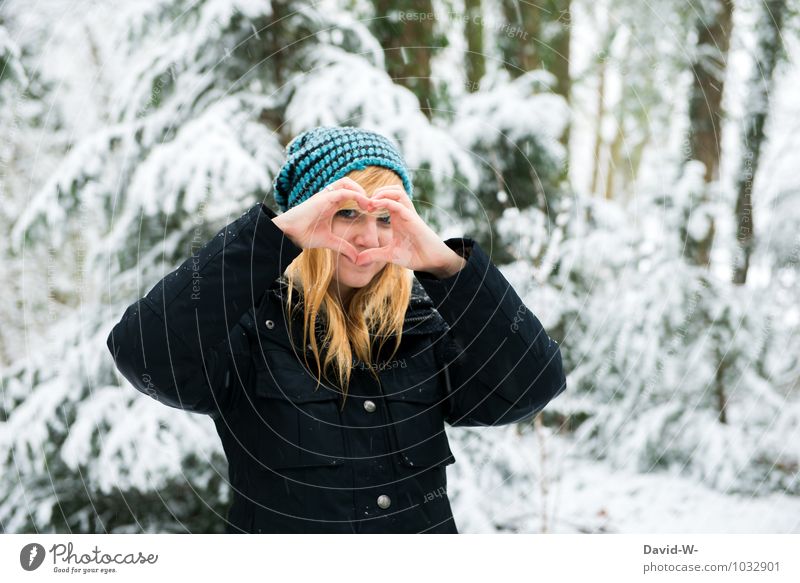 A snowmaker Valentine's Day Beautiful Flirt Feminine Young woman Youth (Young adults) 1 Human being Nature Winter Snow Forest Sign Heart Smiling Love Looking