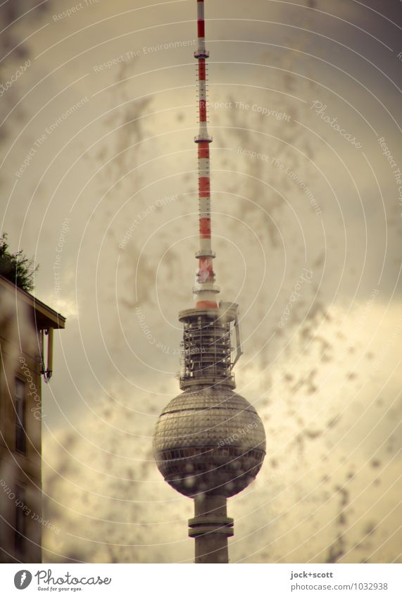 Tower with splash Sightseeing GDR Drops of water Clouds Antenna Landmark Berlin TV Tower Famousness Retro Past Water fountain Reaction Inject