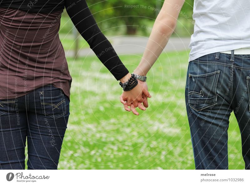 hand in hand Lifestyle Happy Young woman Youth (Young adults) Young man Couple Partner Body Arm Hand Fingers Legs 2 Human being 18 - 30 years Adults Nature