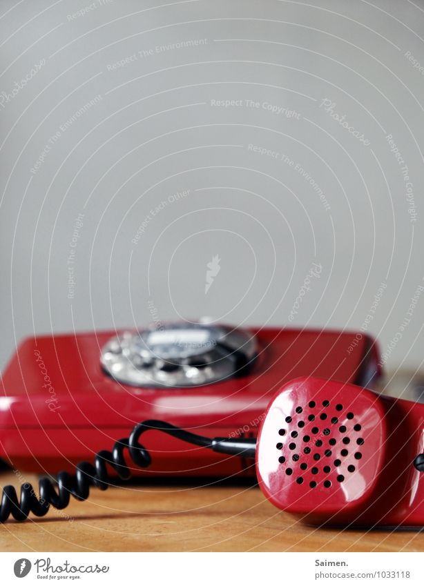 Hellooooo???? Telephone Red Communicate Telecommunications Receiver Retro Vintage To talk Listening Rotary dial Colour photo Interior shot Detail Copy Space top