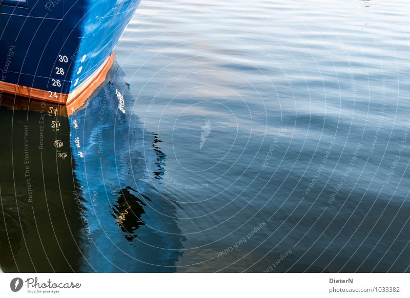 bow Navigation Watercraft Blue Orange White Bow Digits and numbers Mirror image Waves Point Colour photo Exterior shot Deserted Copy Space left Copy Space right