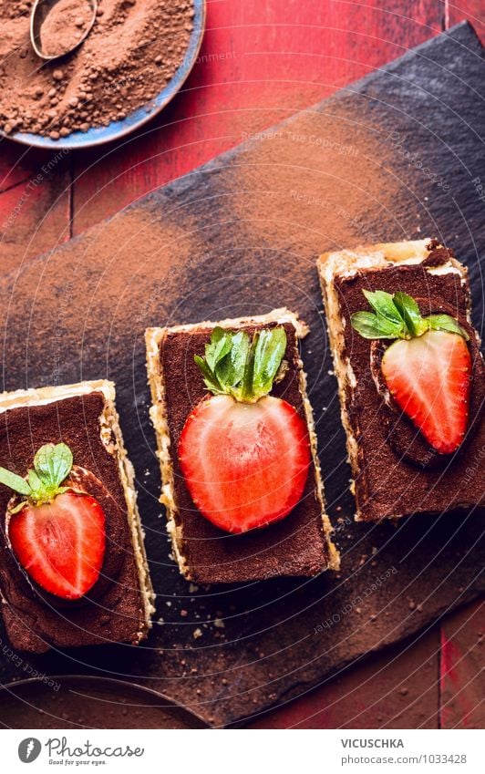 Three Tiramisu cakes with strawberries Food Dough Baked goods Cake Dessert Candy Chocolate Nutrition To have a coffee Buffet Brunch Banquet Diet Italian Food