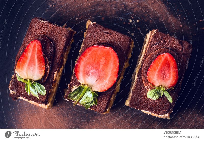 Chocolate Tiramisu cake with strawberries on black slate Food Dough Baked goods Cake Dessert Nutrition To have a coffee Organic produce Vegetarian diet Diet