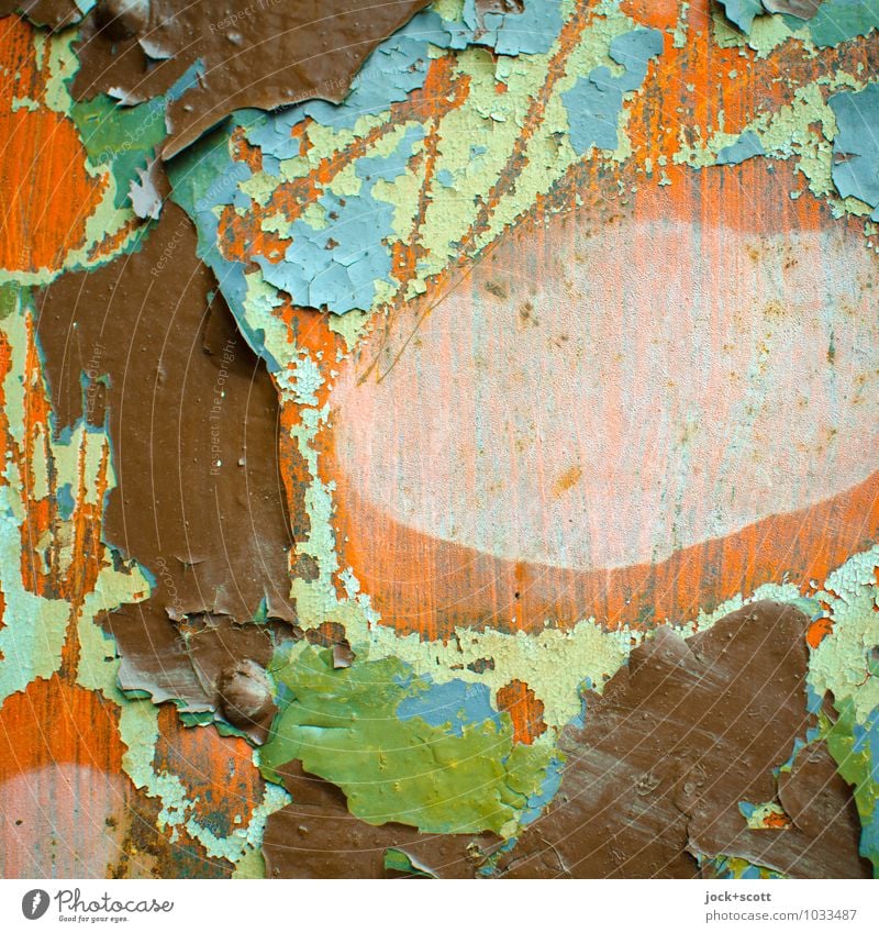 Colour palette in layers Varnish Wood Wood grain Scratch mark Old Broken Many Blue Brown Green Orange Agreed Apocalyptic sentiment Past Transience Destruction