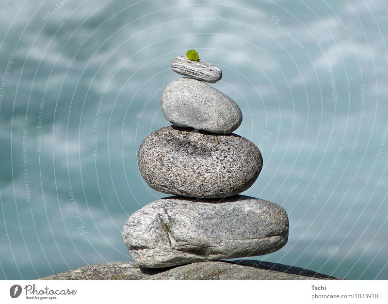 Balace, stones by the water Harmonious Calm Meditation Water Leaf Stone Relaxation Fresh Natural Blue Gray Green White Attentive Serene Patient Contentment