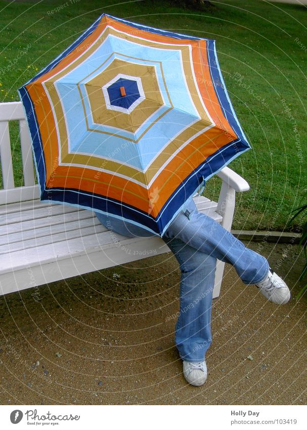 "Who under the umbrella... Multicoloured White Park Sneakers Autumn Umbrella Colour Sit Bench Safety (feeling of) Jeans Relaxation Rain psalm Cross Legs Hide