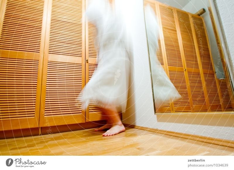 restlessness Movement Motion blur Ghosts & Spectres  Man Human being Bathrobe White Feet Disk Slat blinds Cupboard Blur Living or residing Flat (apartment)