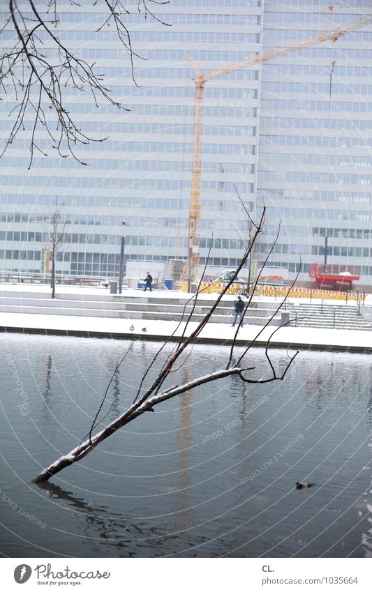 no schickimicki Construction site Economy Environment Nature Water Winter Climate Weather Ice Frost Snow Snowfall Tree Branch Park Pond Lake Duesseldorf Town