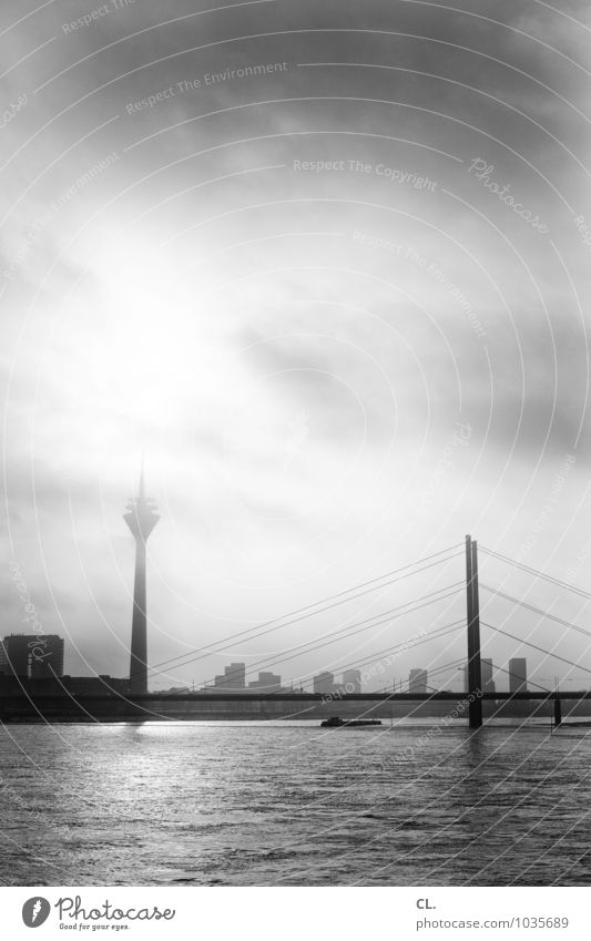 The Village Environment Nature Water Sky Clouds Sun Sunlight Climate Weather Beautiful weather Fog River bank Duesseldorf Town Skyline High-rise Bridge