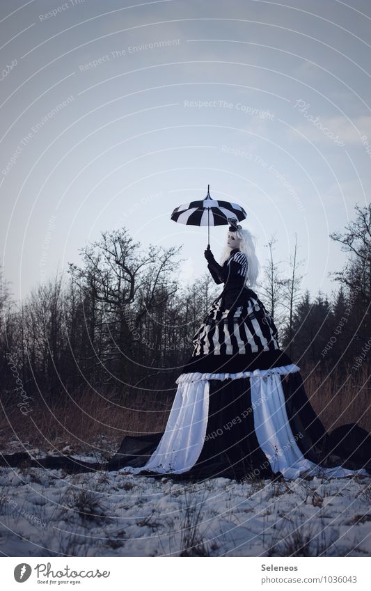 black snow Carnival Hallowe'en Human being Feminine Woman Adults 1 Subculture Rockabilly Environment Nature Landscape Sky Clouds Winter Ice Frost Snow Meadow