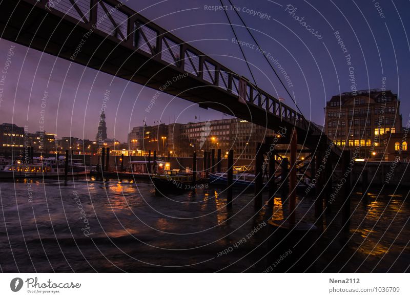 Night in HH Town Port City Downtown Old town Church Harbour Bridge Manmade structures Building Architecture Dark Port of Hamburg Elbe Colour photo Exterior shot