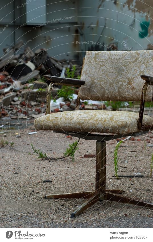 On a lost item Chemnitz Furniture Doomed Loneliness Forget Building rubble Bakery Ruin Ancient Pattern Office chair Chair Sit Old Dirty Industrial Photography