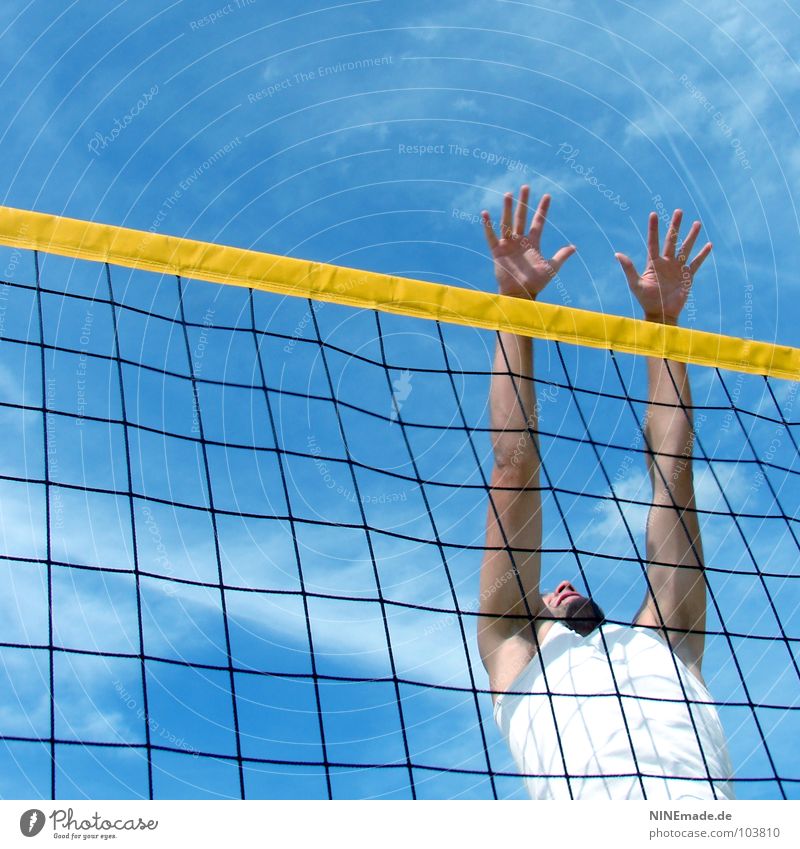 one-man block Block Jump Grating Yellow Black White Sky blue Clouds Hand Volleyball (sport) Fingers Man Square Summer Physics Beautiful Beach Sporting event