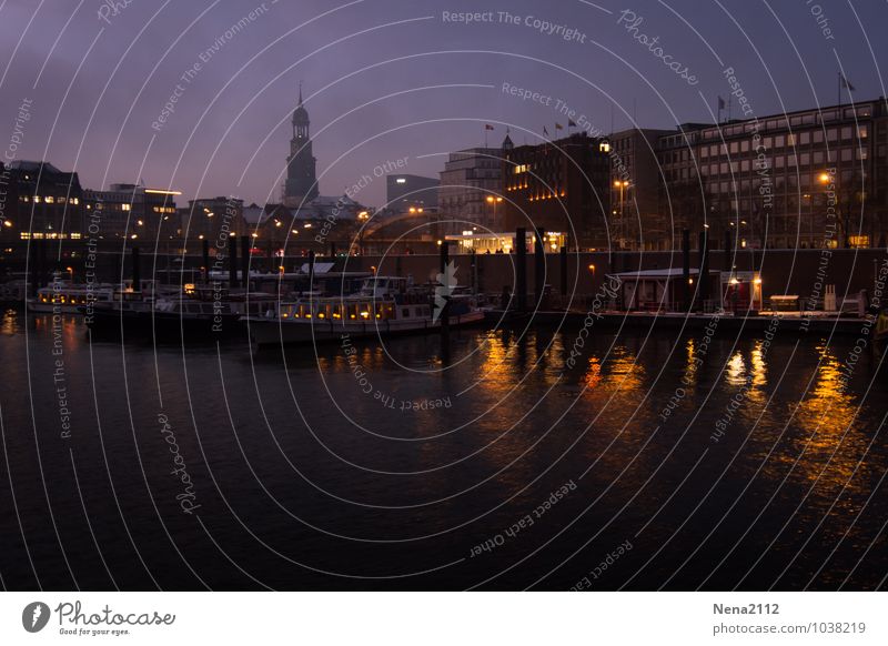 night feeling Town Port City House (Residential Structure) Church Harbour Architecture Dark Hamburg Elbe Watercraft Sky Colour photo Exterior shot Deserted