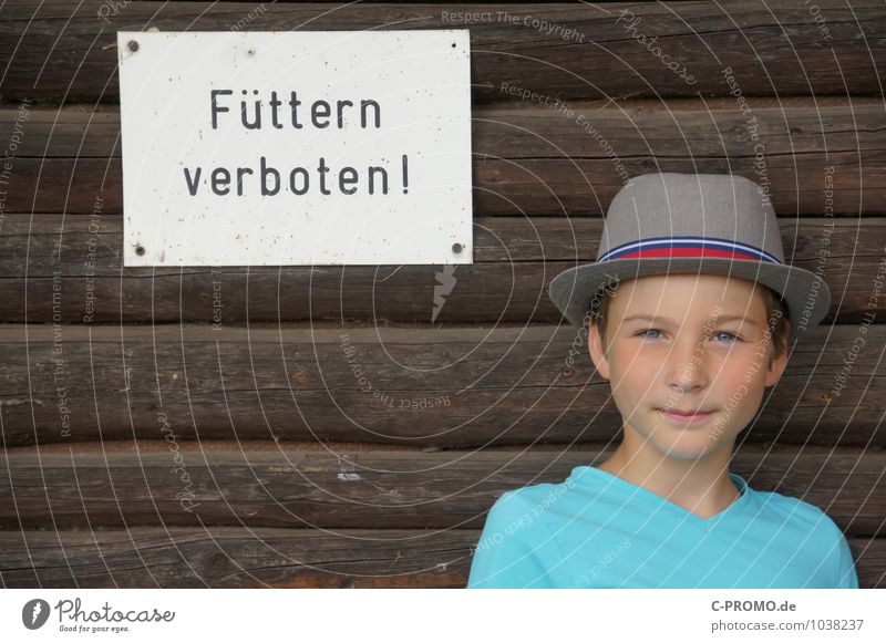 Boy with hat stands at wooden wall with sign "Feeding forbidden" Human being Masculine Child Boy (child) Infancy 1 8 - 13 years Signage Warning sign Brown