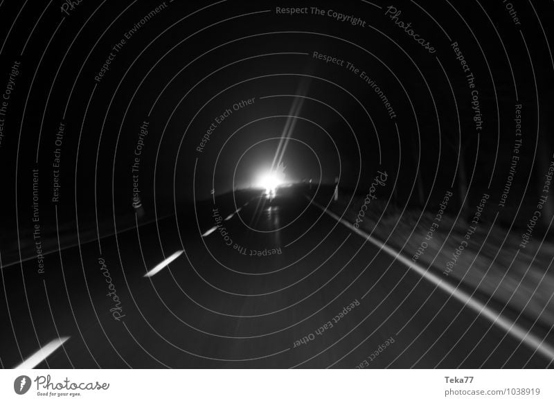 Night traffic I Transport Means of transport Traffic infrastructure Street Lanes & trails Highway Road sign Vehicle Car Fear Country road Black & white photo