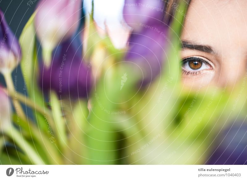 Through the flower Feminine Young woman Youth (Young adults) Life Eyes 1 Human being 18 - 30 years Adults Plant Flower Foliage plant Observe Looking Wait