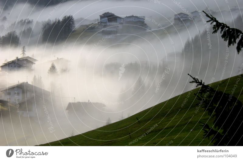 Mr. Fog. Fog bank Hill Village White Green House (Residential Structure) Calm Mysterious Cover up Mountain Valley Peaceful
