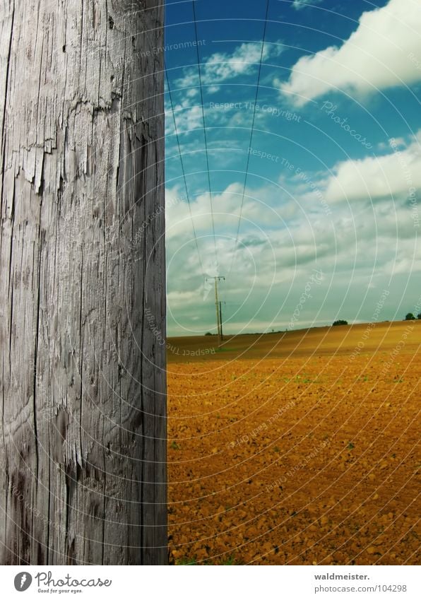 On a late summer's day. Wood Electricity pylon Transmission lines High voltage power line Cable Steel cable Energy industry Summer Autumn Sky Clouds Field Earth