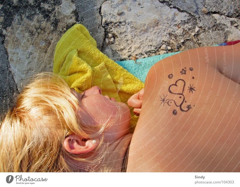 sunbathe Relaxation Towel Blonde Sleep Yellow Woman Summer Summer feeling Things Love Sweet Heart Skin Ear Stone Tattoo tat Painting (action, work)