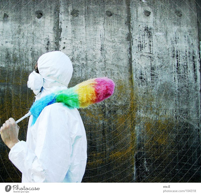 [b/w] armed Fellow Posture White Working clothes Quarantine Laboratory Laboratory assistant Cleaning Cleaner Feather duster Multicoloured Mask Sunglasses
