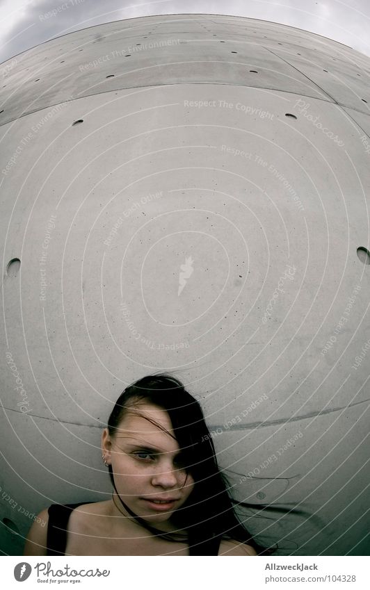 planet concrete Concrete Wall (building) Wall (barrier) Cement Gray Fisheye Portrait photograph Woman Bad weather Clouds Detail Tall Wind Hair and hairstyles