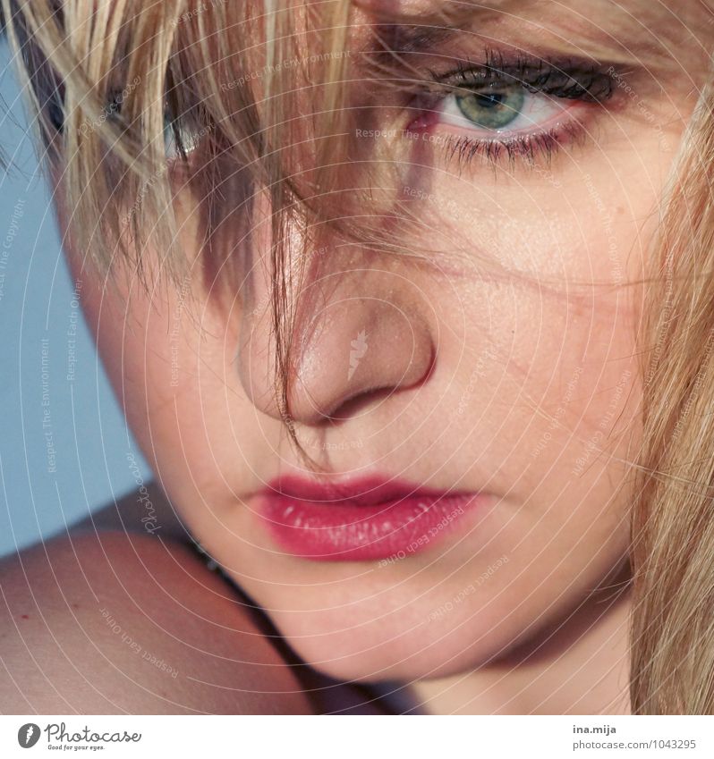 blonde young woman with strands of hair on her face Feminine Young woman Youth (Young adults) Face Eyes Lips 1 Human being 18 - 30 years Adults 30 - 45 years