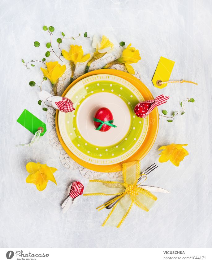Yellow Easter plate with flowers and decoration Nutrition Banquet Crockery Plate Knives Fork Style Design Interior design Decoration Feasts & Celebrations