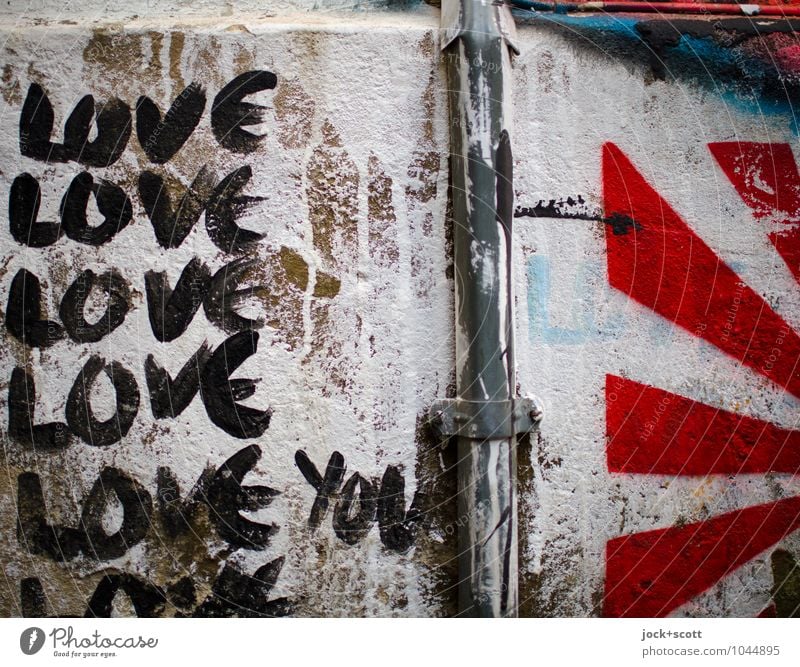 Love Love Love Love you Subculture Street art Wall (building) Downpipe Stripe Word Red Black White Passion Infatuation Creativity English Declaration of love