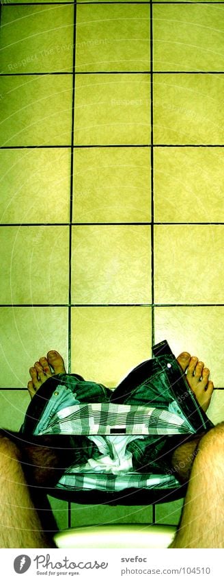 sitting Retro Pants Think Calm Yellow Urinate Time Thought Bowel movement Interior shot Underpants Concentrate Education Success Toilet mediation Feet Tile