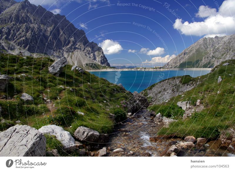 Lünersee Mountain stream Meadow Clouds Retaining wall Sky Stone