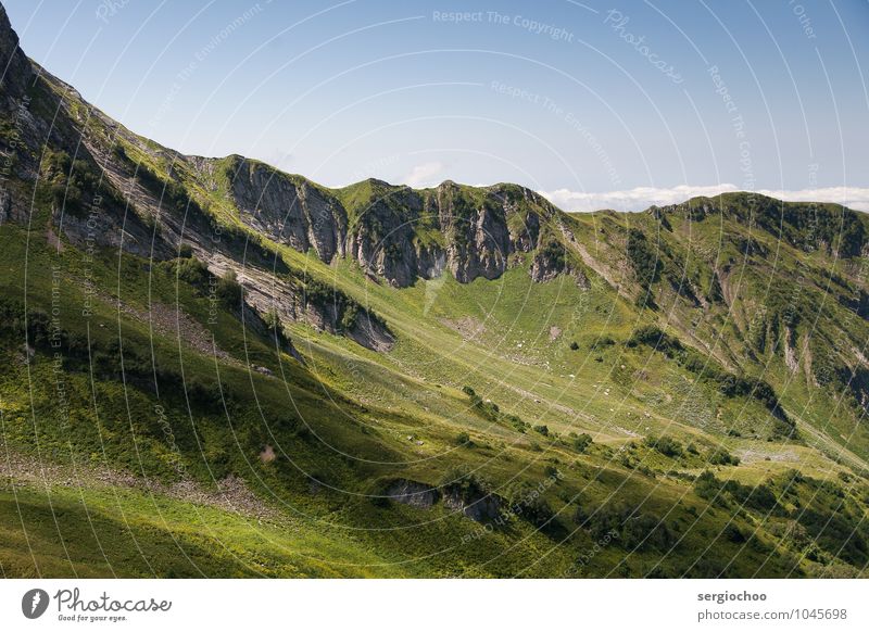 up to the sky Mountain Environment Nature Landscape Sky Cloudless sky Clouds Summer Beautiful weather Plant Bushes Hill Rock Peak Crawl Blue Green Colour photo