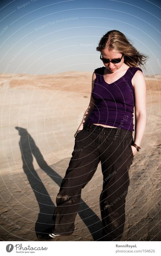 Thoughts like sand Israel Negev Hot Dust Posture Think Evening sun Blonde Sunglasses Summer Asia Desert Blue sky sunken head Shadow