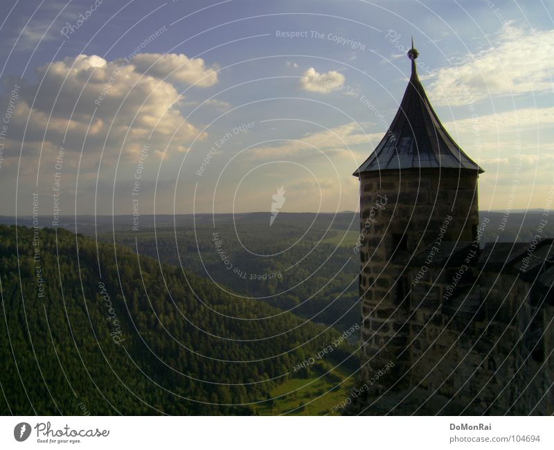 king stone Colour photo Exterior shot Deserted Copy Space left Copy Space bottom Day Bird's-eye view Landscape Sky Clouds Horizon Forest Hill Castle Tower Brick