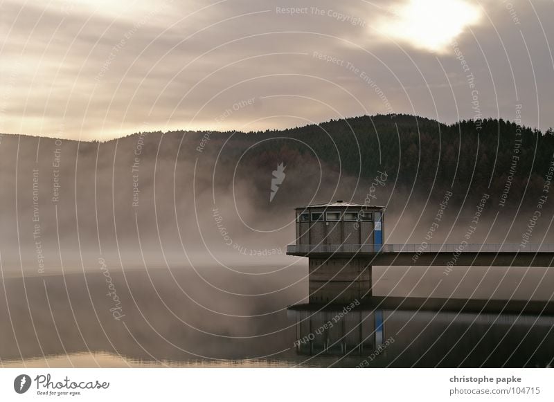 Water tower at a dam River dam Reservoir Calm Nature Landscape Clouds Autumn Mountain bridge Bad weather Fog tree Forest hillock Lake Concrete Fresh Wet