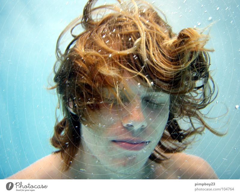 Underwater. Air bubble Swimming pool Red-haired Freckles Summer Relaxation To enjoy Underwater photo Dive Youth (Young adults) Guy Water Swimming & Bathing