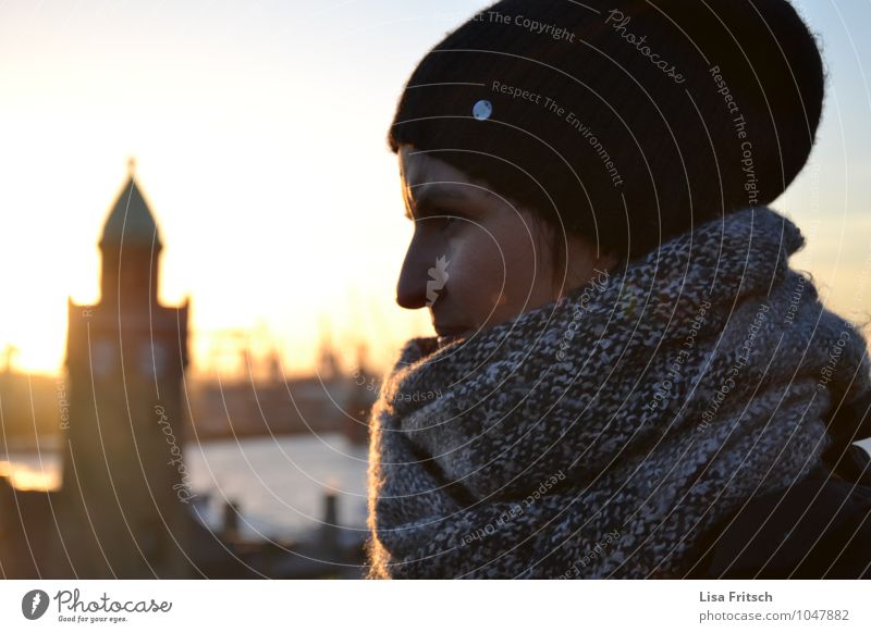 Hamburg - Landungsbrücken - woman - cap - winter - sun Feminine Woman Adults 1 Human being 30 - 45 years River Elbe Town Port City Tourist Attraction Breathe