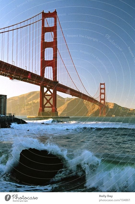 The red bridge... Golden Gate Bridge Red Steel Waves Swell Ocean San Francisco Foam Surfer Coast Dream Suspension bridge White crest Blue sky USA